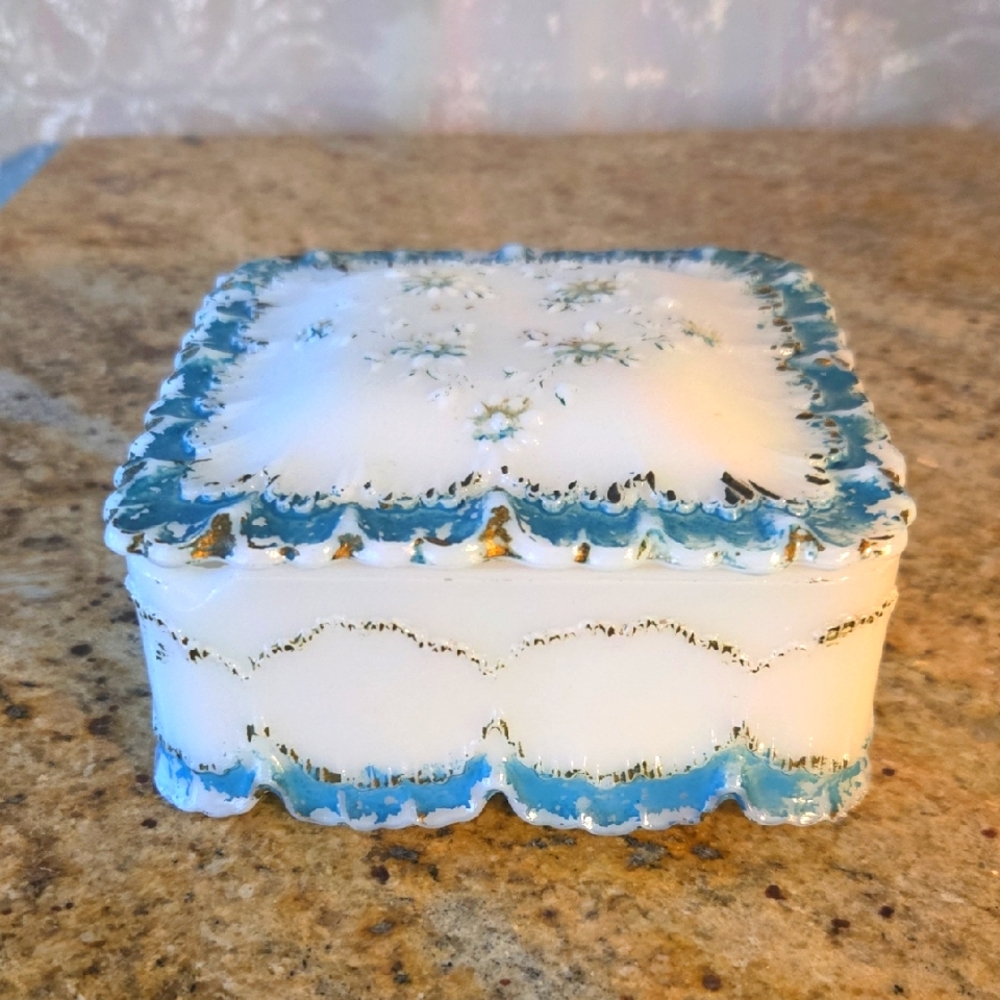 Antique Victorian Style Milk Glass White and Blue Decorative Box